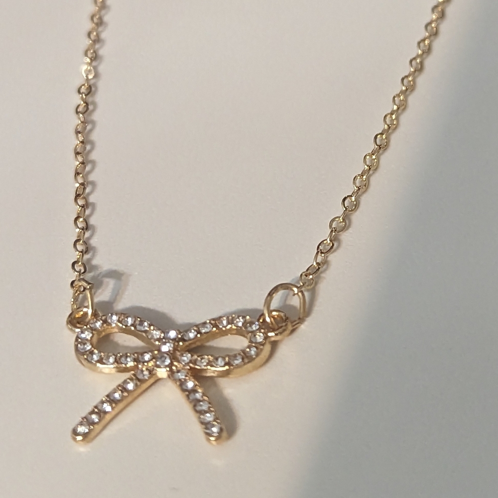Gold & Silver Rhinestone Bow Fashion Necklace New!